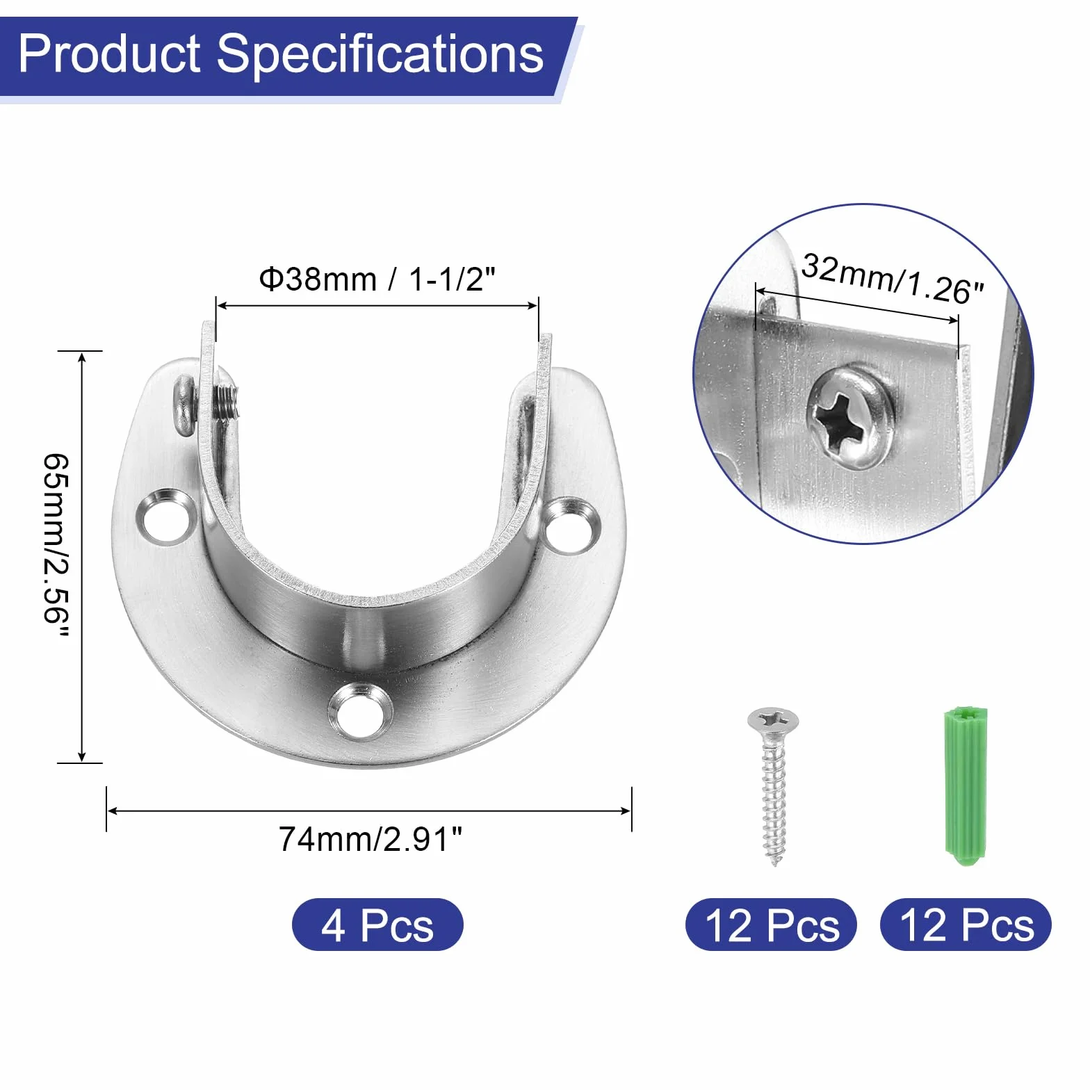 QUARKZMAN 4 sztuki 38 mm / 1-1/2" uchwyt na drążek na ubrania ze stali nierdzewnej w kształcie litery U, uchwyt na drążek na ubrania, srebrny
