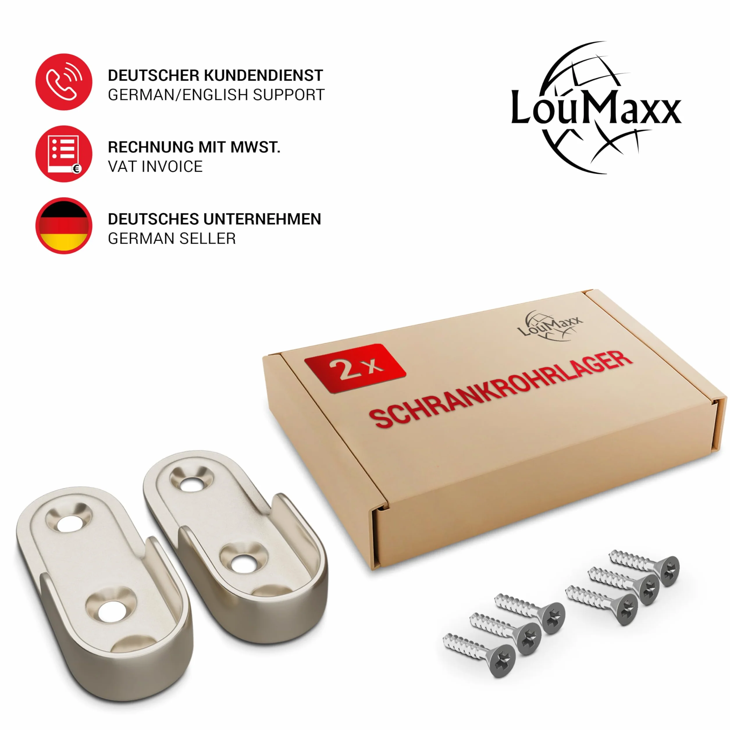 LouMaxx 2-częściowy zestaw wytrzymałych uchwytów na ubrania z odlewu cynkowego, niklowany, do owalnych rur 15 mm, ze śrubami